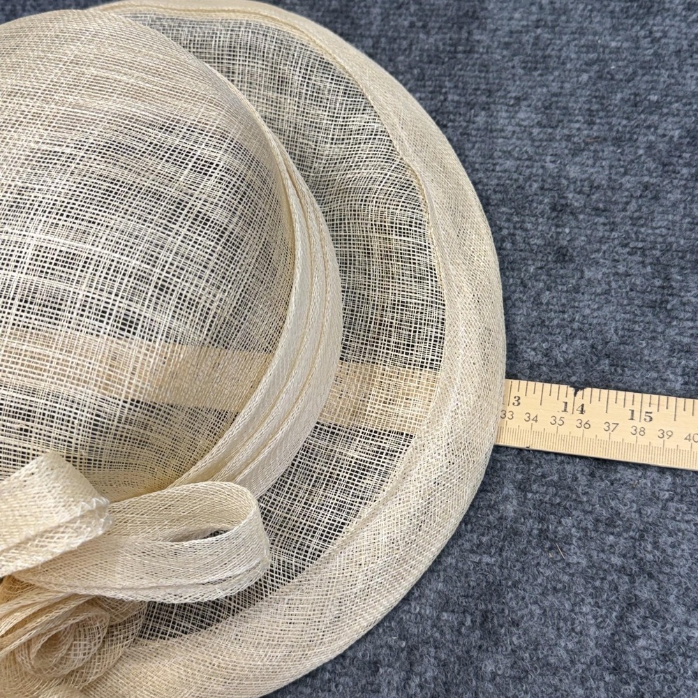 VTG Hat Sun Womens Cream Burlap Pleated Bow Wide Brim Derby Church Wedding - Picture 7 of 8